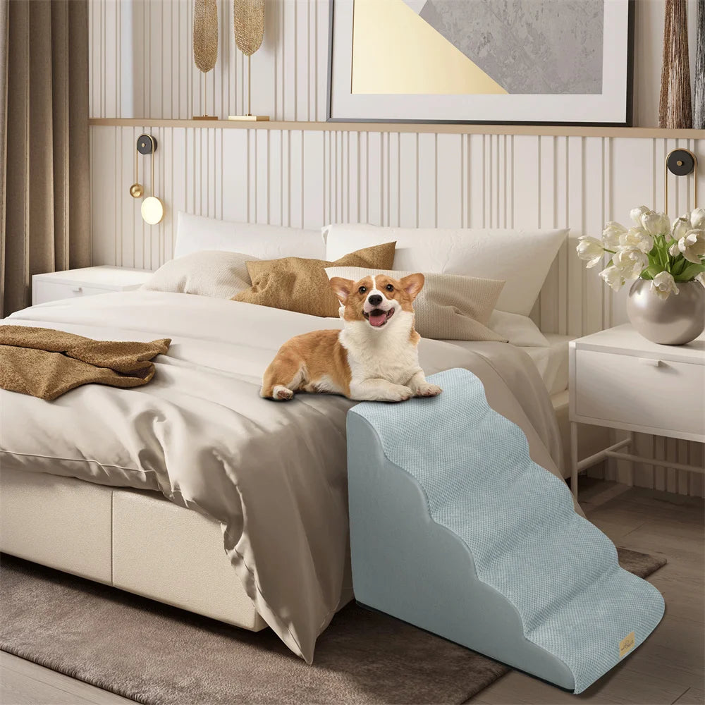 Gray 5-step foam dog stairs by FanzyMarket with non-slip surface and washable cover, supports up to 27 kg for high beds and sofas.
