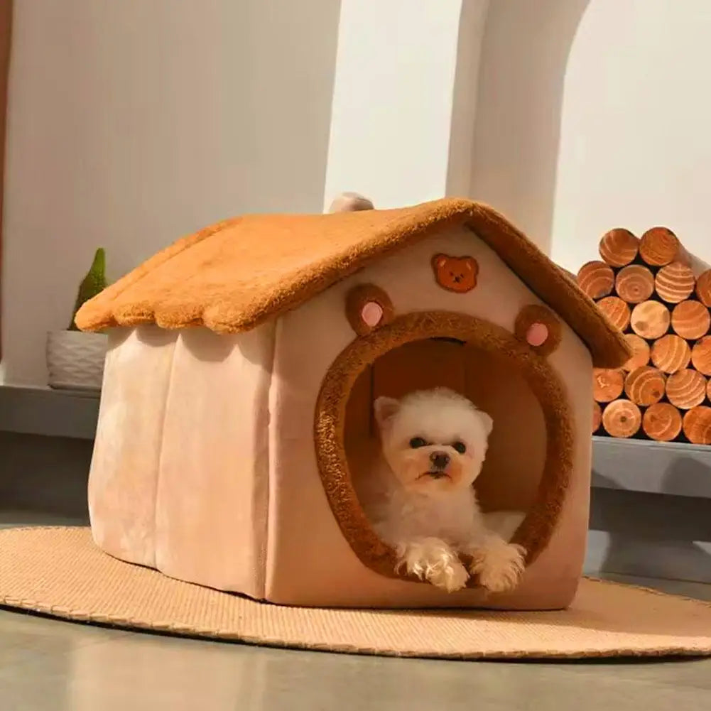 FanzyMarket plush semi-enclosed cat and small dog house bed with removable washable cushion and non-slip base, gray color.