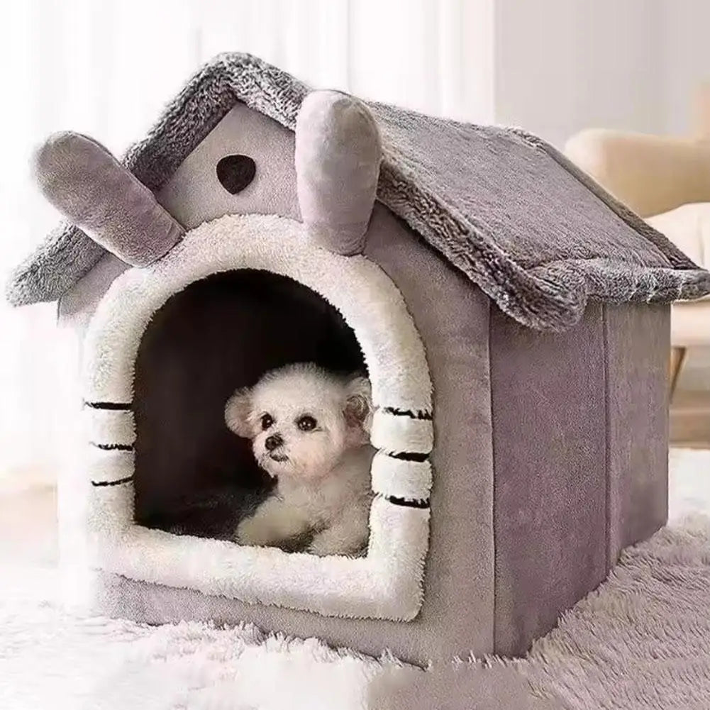 FanzyMarket plush semi-enclosed cat and small dog house bed with removable washable cushion and non-slip base in gray.
