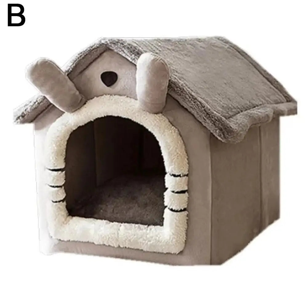 FanzyMarket plush semi-enclosed cat and small dog house bed with removable washable cushion and non-slip base in gray.