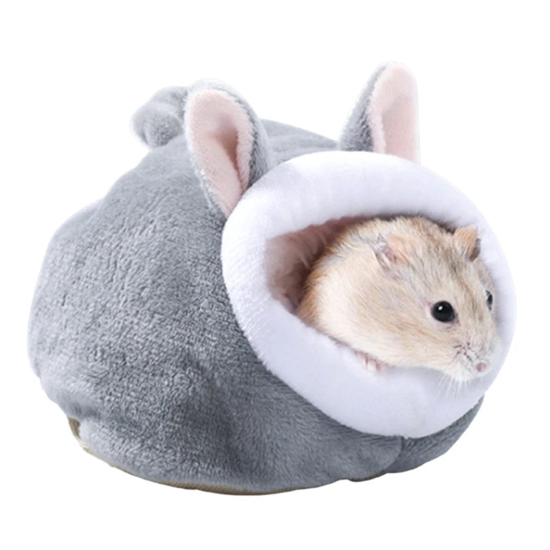 Gray windproof plush small pet nest for hamsters, gerbils, mice, and sugar gliders, warm winter pet house, 12x10x9 cm.