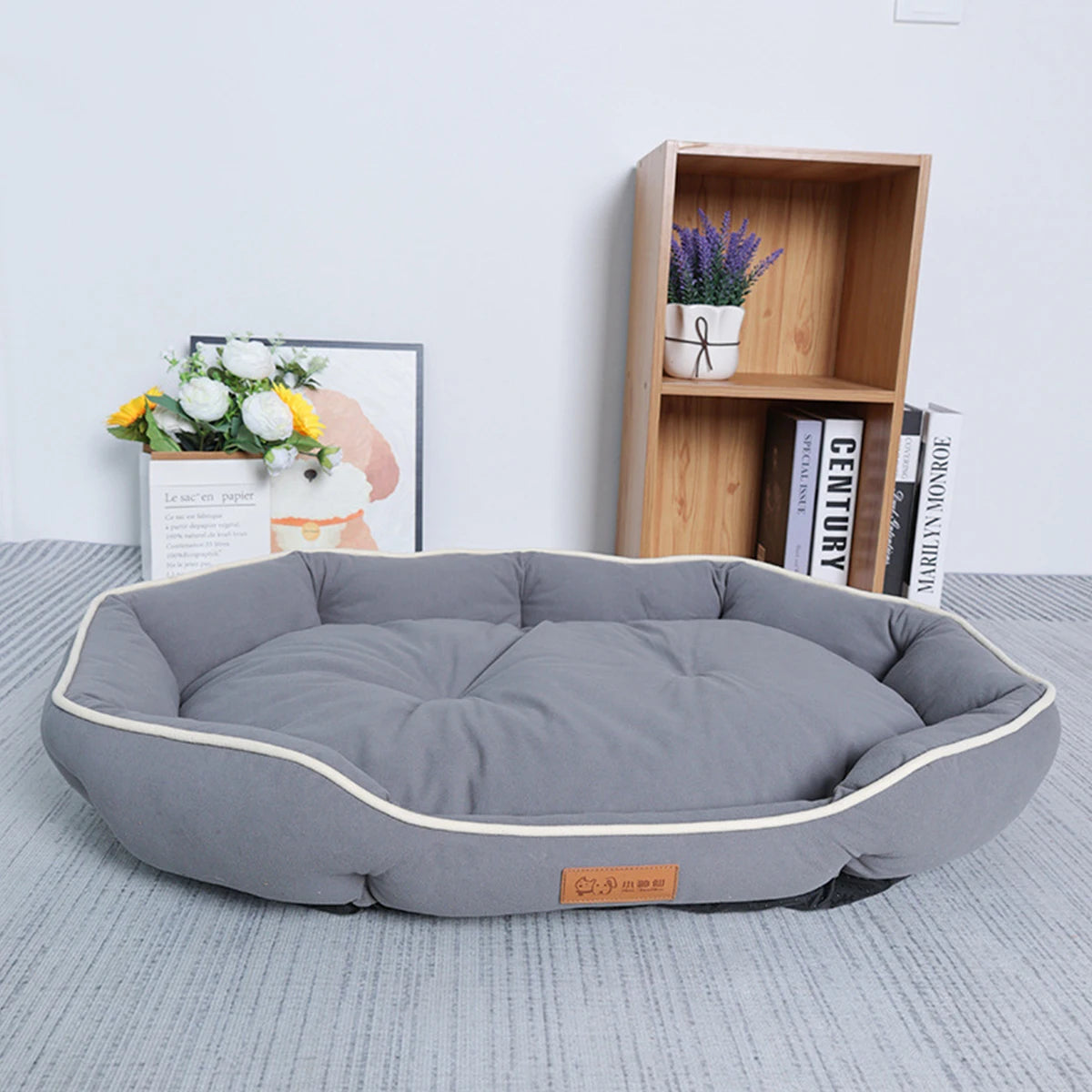 Large all-season cooling pet bed by FanzyMarket, breathable gray dog and cat pad for puppies, French Bulldogs, and small dogs.
