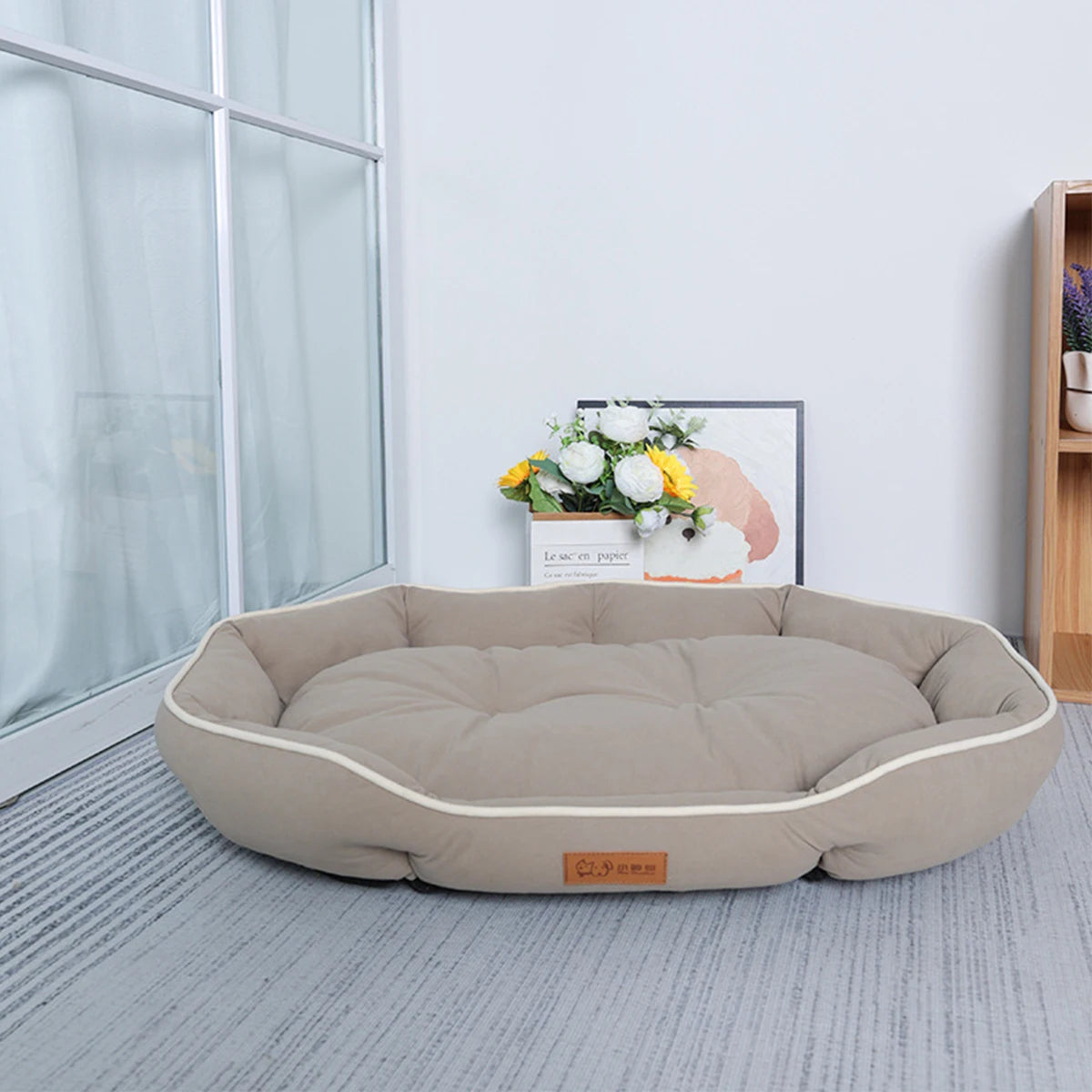 Large all-season cooling pet bed by FanzyMarket, breathable gray dog and cat pad for puppies, French Bulldogs, and small dogs.