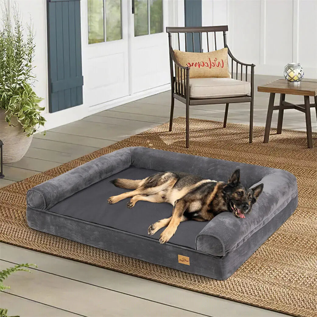 Gray orthopedic dog bed with foam mattress, bolster, removable washable cover, and waterproof liner in XXLarge size.