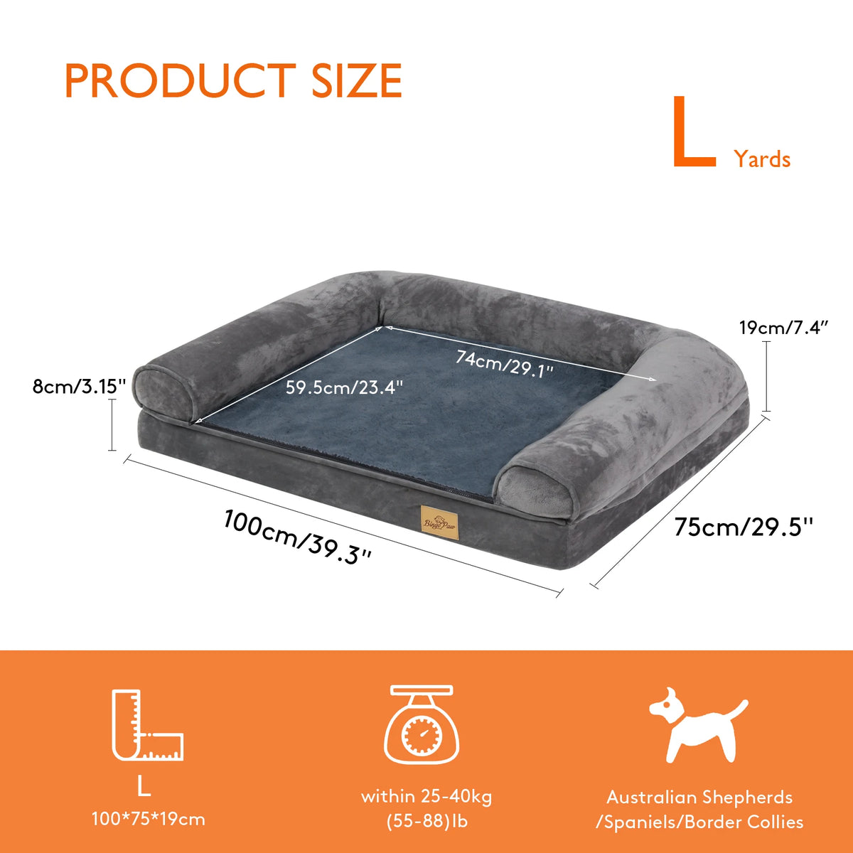 Gray orthopedic dog bed by FanzyMarket with foam mattress, bolster, washable cover, waterproof liner, available in XL and XXL sizes.