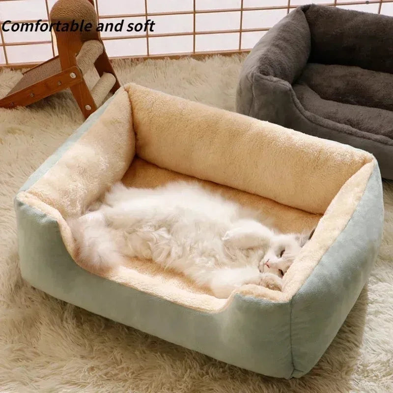 Green plush pet bed for cats and small dogs, cozy winter cushion house from FanzyMarket, 45x30cm, soft and comfortable.