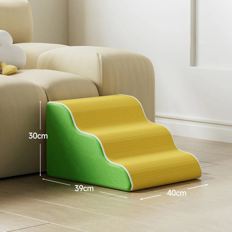 Gray 3/4-step pet stairs with memory foam, removable washable cover, non-slip surface for small dogs and cats, sofa ramp.