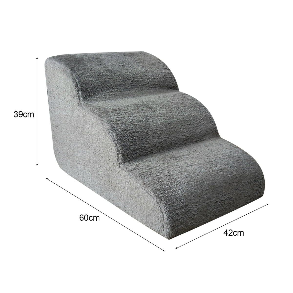 Grey non-slip 3-step pet stairs for dogs and cats with removable washable cover and foam ramp for beds and sofas.