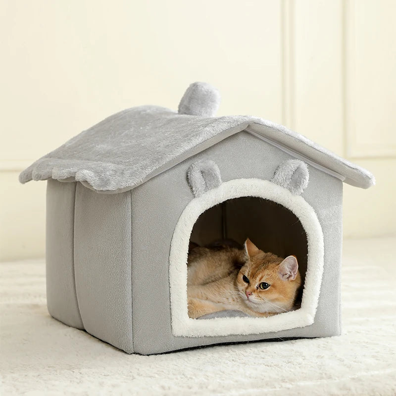 Gray foldable washable pet house by FanzyMarket, cozy cave bed for extra small dogs and small to medium cats.
