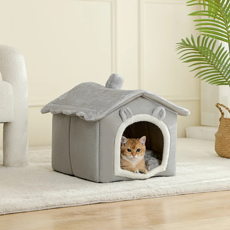 Gray foldable washable Pet House by FanzyMarket, cozy cave bed for extra small dogs and small to medium cats.