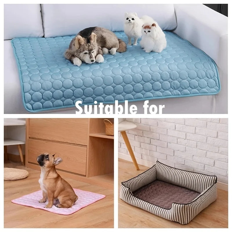 Light blue breathable self-cooling pet mat for dogs by FanzyMarket, lightweight summer cooling pad, 70x55cm.