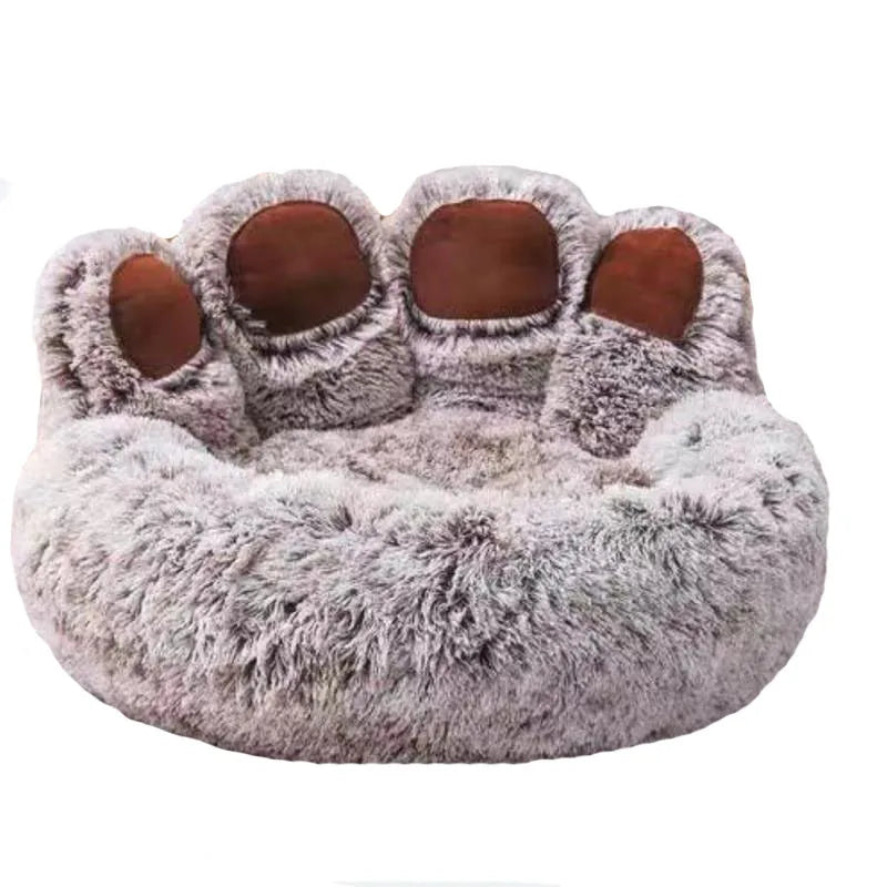 FanzyMarket fluffy plush round dog bed and pet sofa, calming donut shape for cats and dogs, available in sizes S to XL.