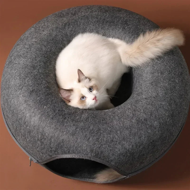 Light grey 2-in-1 felt donut cat bed and tunnel with breather hole, foldable design, available in medium and large sizes.