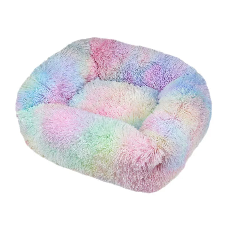 Light pink luxury plush square dog bed for small to large dogs, calming and washable pet mat from FanzyMarket.