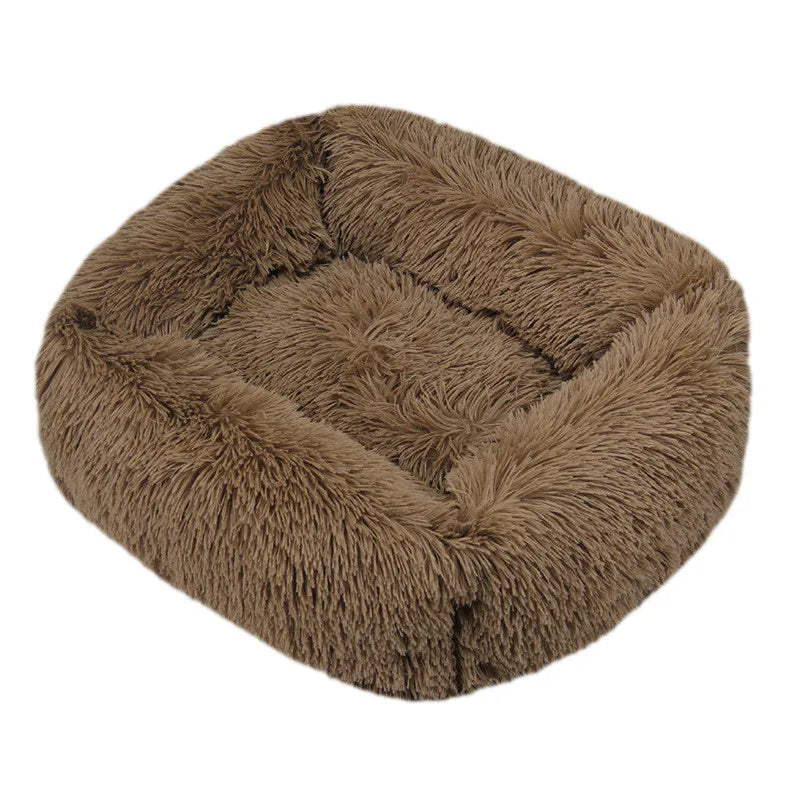 Light pink luxury plush square dog bed for small to large dogs, washable pet mat, calming and comfortable for pets.