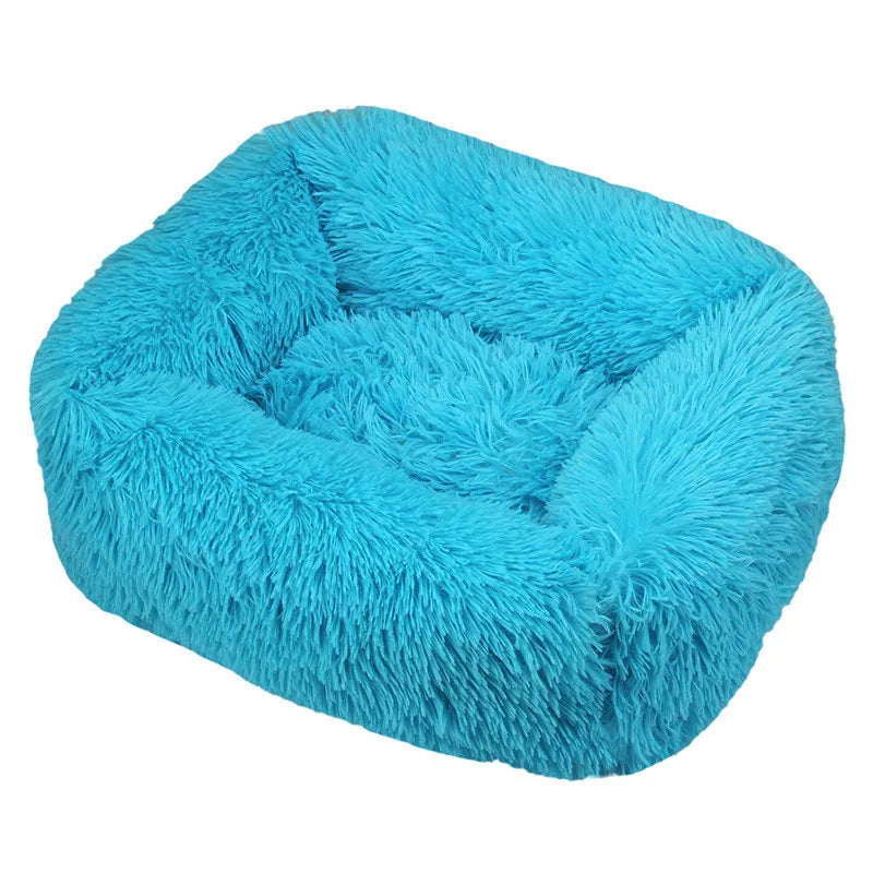 Light pink plush square dog bed for small to large dogs, calming, washable pet mat from FanzyMarket.