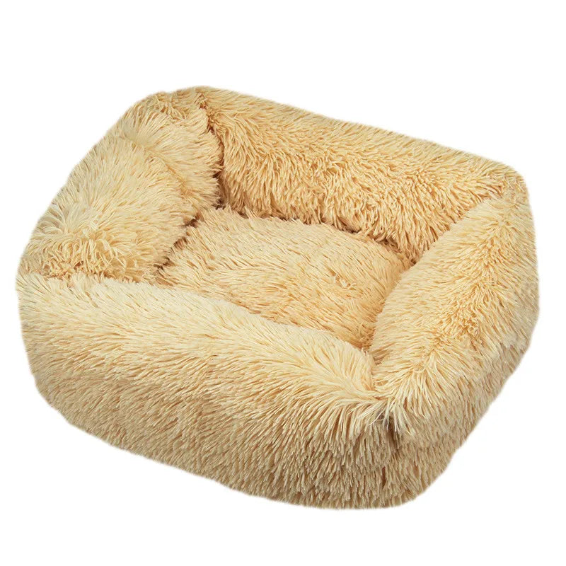 Light pink luxury plush square dog bed for small to large dogs, calming washable pet mat with soft cushioning.