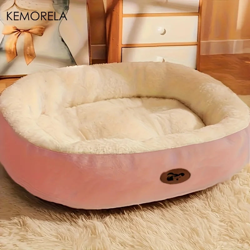 FanzyMarket plush oval pet bed for dogs and cats, thickened, machine-washable all-season cushion in pink for small to large breeds.