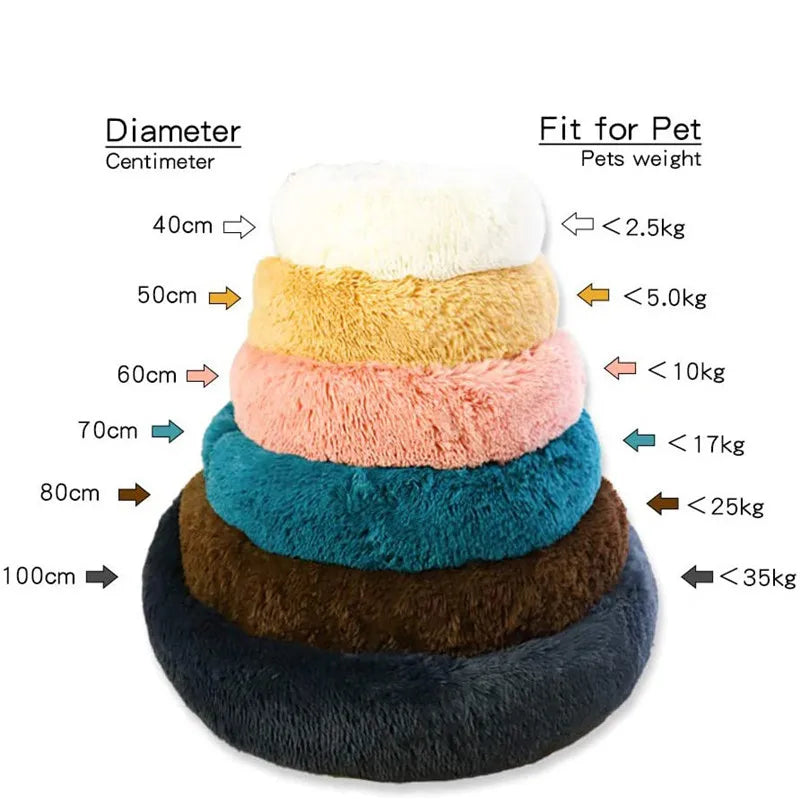 FanzyMarket round plush pet bed for dogs and cats, super soft long plush, 40-100cm winter warm nest for pets.