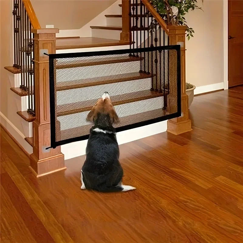 FanzyMarket heavy-duty foldable breathable dog barrier mesh gate with 6 adhesive hooks, indoor outdoor pet safety gate image