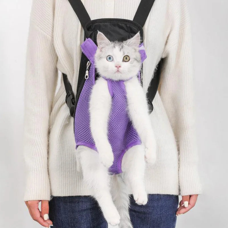 FanzyMarket adjustable double-shoulder pet carrier backpack for cats and small dogs, breathable and suitable for travel and hiking.