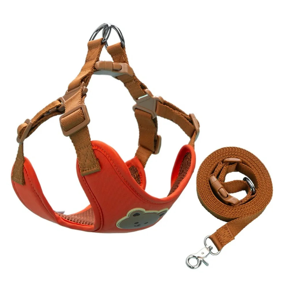 Beige adjustable anti-escape pet harness and leash set for dogs and cats, with no-pull chest strap for outdoor walks.