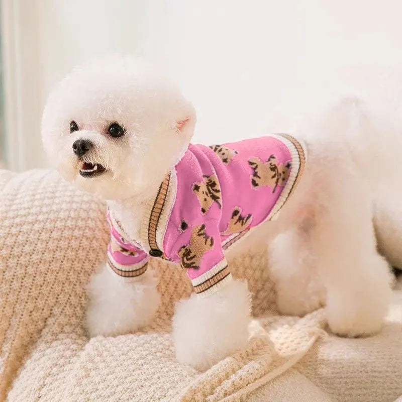 FanzyMarket striped beige cotton cardigan sweater for small dogs and cats, warm pet coat for Chihuahua, puppy, or kitten, XS-XL.