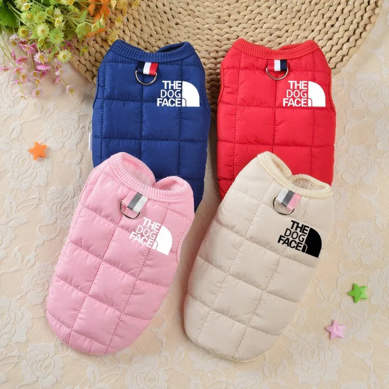 Beige winter warm dog coat with 3D face logo for Chihuahua and French Bulldog, trendy pet jacket by FanzyMarket.