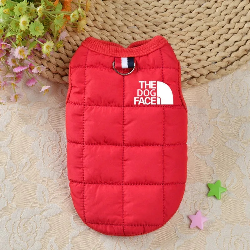 Beige winter warm dog coat with 3D face logo, suitable for Chihuahua and French Bulldog, by FanzyMarket.