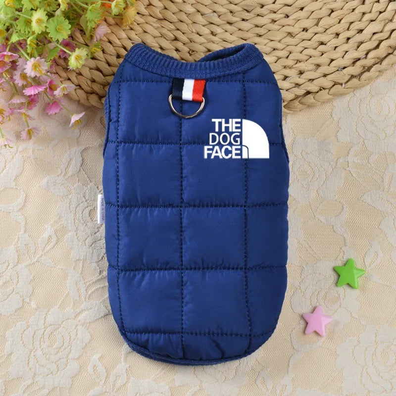Beige winter warm dog coat with 3D face logo for Chihuahua and French Bulldog, trendy pet jacket by FanzyMarket.