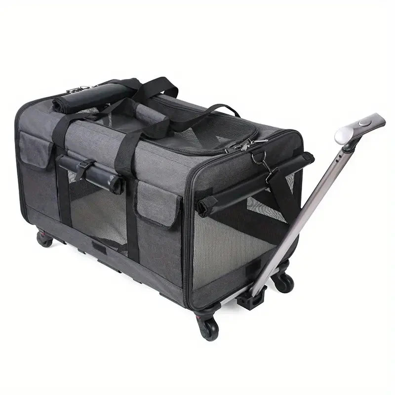 Extra large foldable pet trolley carrier by FanzyMarket, black travel bag for dogs and cats, 44 x 60 x 39 cm with detachable design.