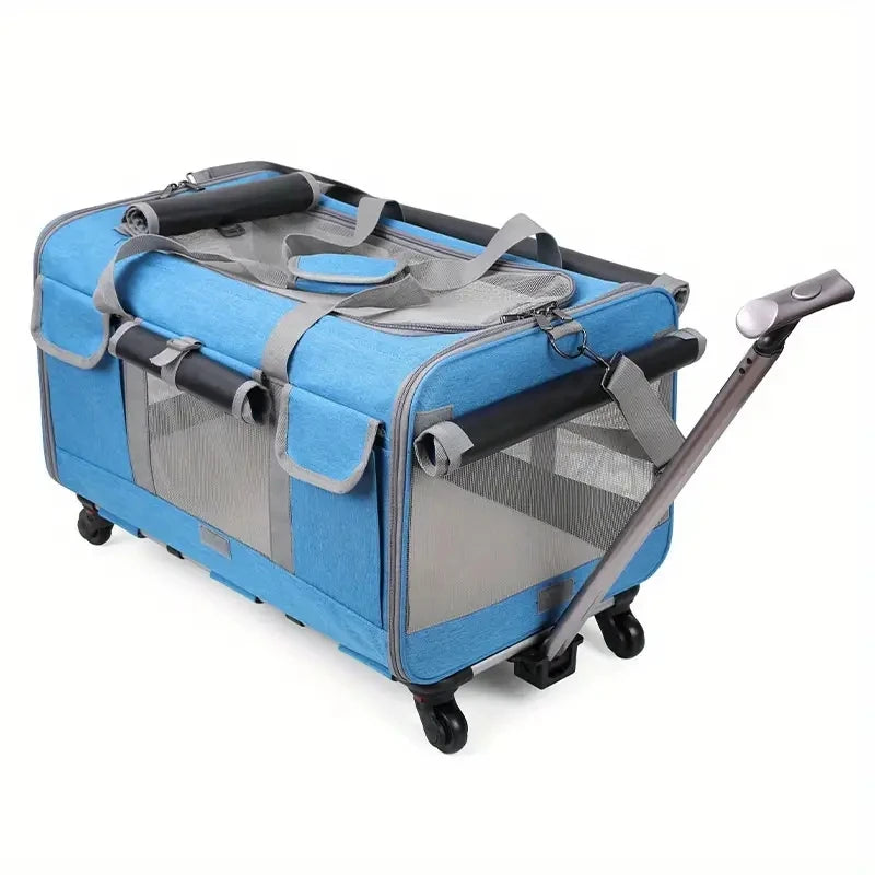 Black extra-large foldable pet trolley carrier for dogs and cats, with detachable travel bag and breathable mesh panels.