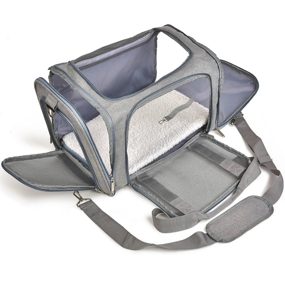 FanzyMarket airline-approved soft-side pet carrier backpack for small dogs and cats, black, L size, 50x34x34 cm.