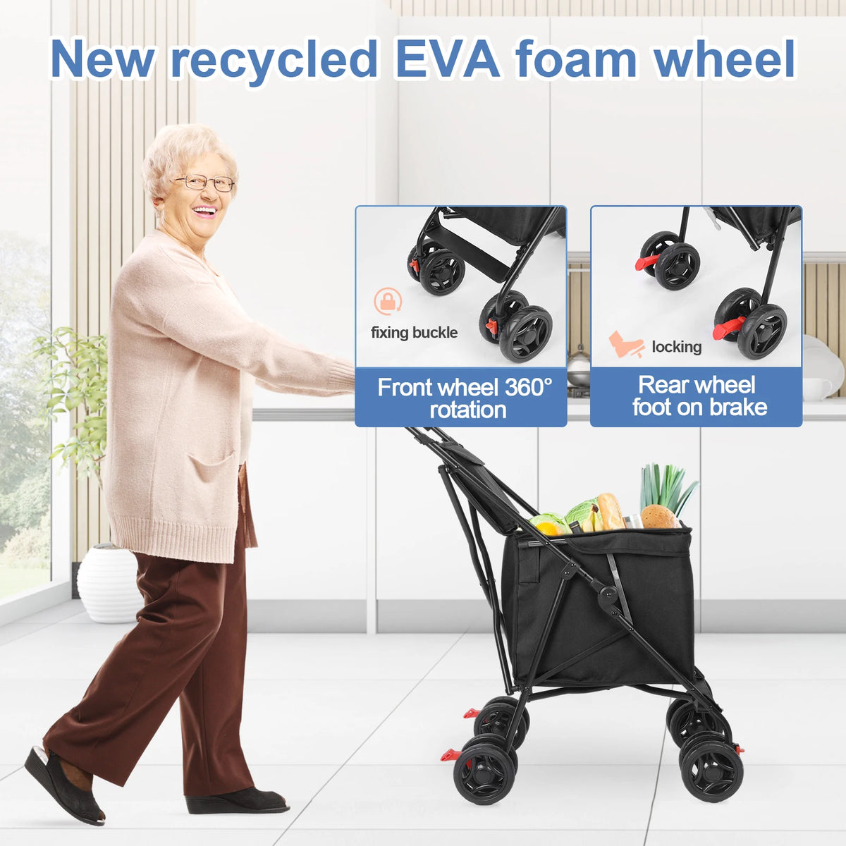 FanzyMarket folding multifunctional shopping cart and pet stroller in black, lightweight and portable for market trips and picnics.