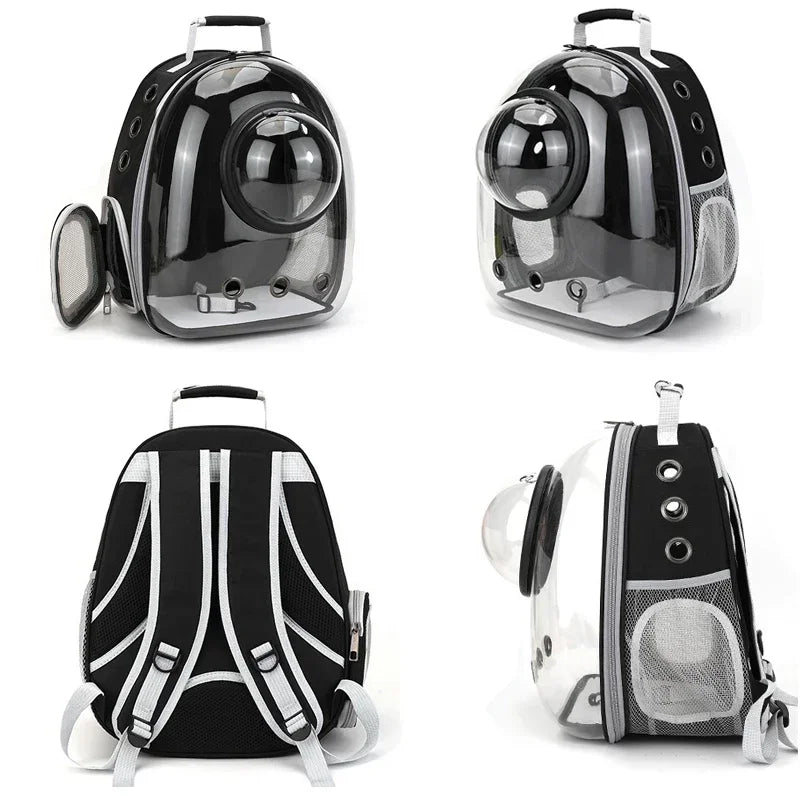 Transparent Bubble Pet Backpack by FanzyMarket, breathable space capsule carrier for cats and small dogs with PVC window and mesh sides.