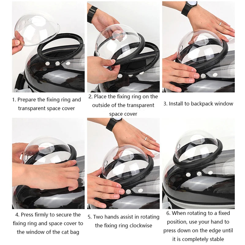 Transparent bubble pet backpack carrier by FanzyMarket with ventilation, side pocket, space capsule design for cats and small dogs.