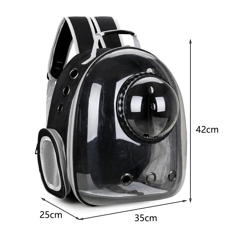 Transparent bubble pet backpack carrier by FanzyMarket with ventilation, side pocket, space capsule design for cats and small dogs.