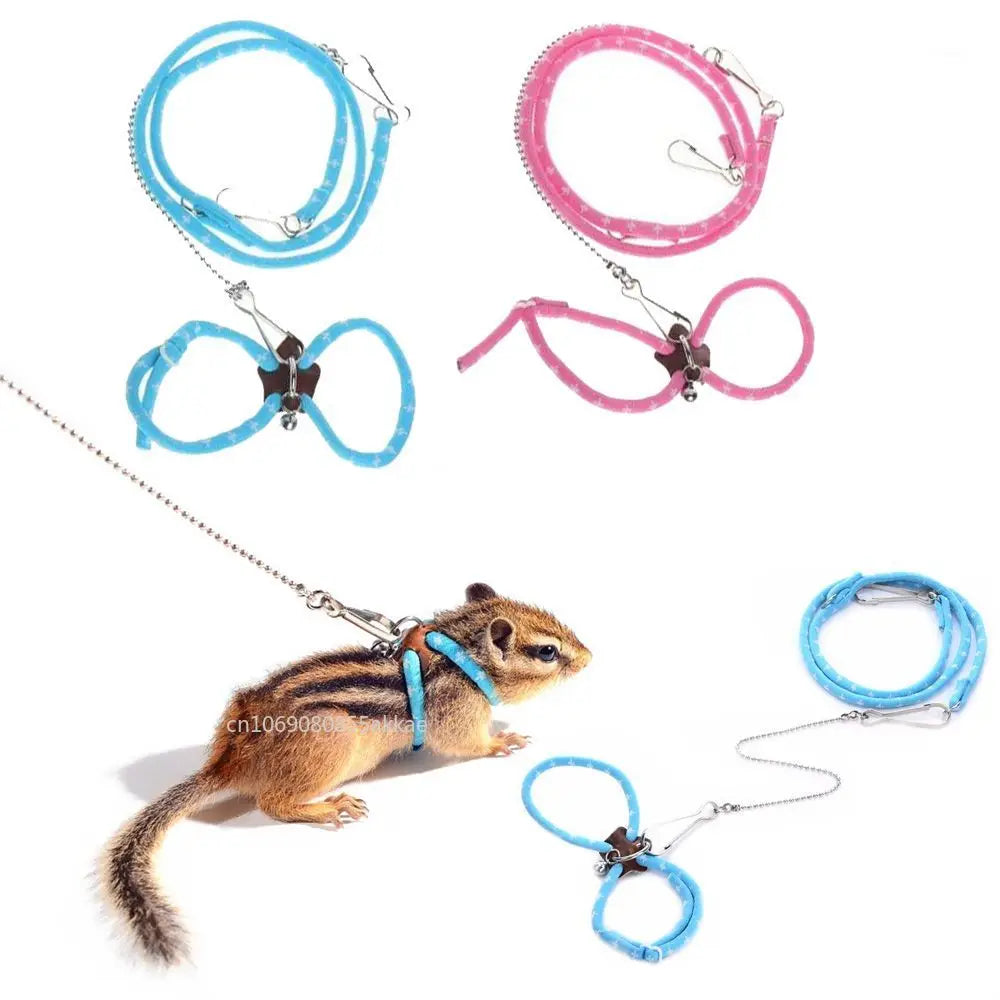 Blue adjustable small pet harness and leash for hamster, rat, or mouse, made of nylon with a bell and breakaway safety feature.