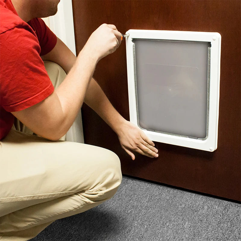 Lockable Pet Door with Privacy Flap for dogs and cats, weatherproof and easy to install, available in small and large sizes.