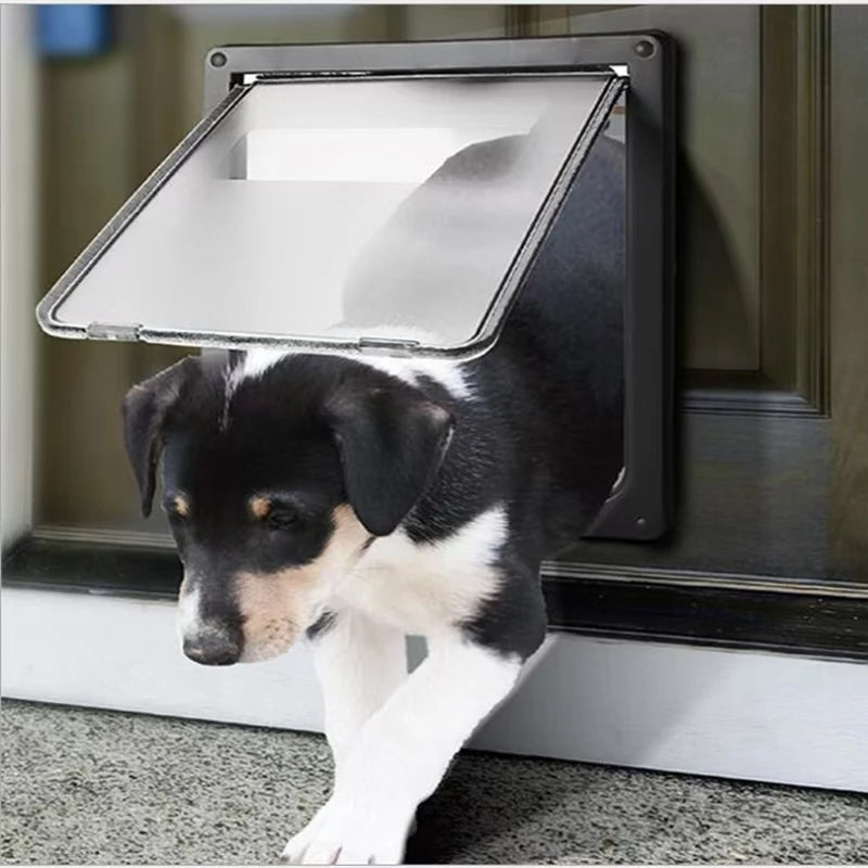 Brown lockable pet door with privacy flap, weatherproof dog and cat door in small and large sizes, easy to install.