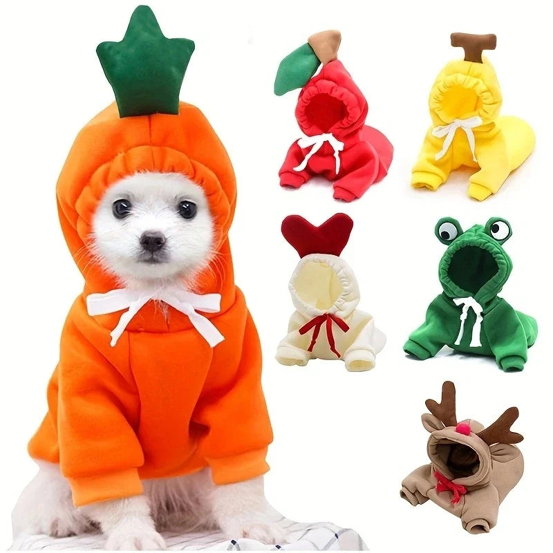 FanzyMarket fruit print fleece hoodie for small dogs, warm pet jacket for puppies and cats, brown, cozy and stylish pet apparel.
