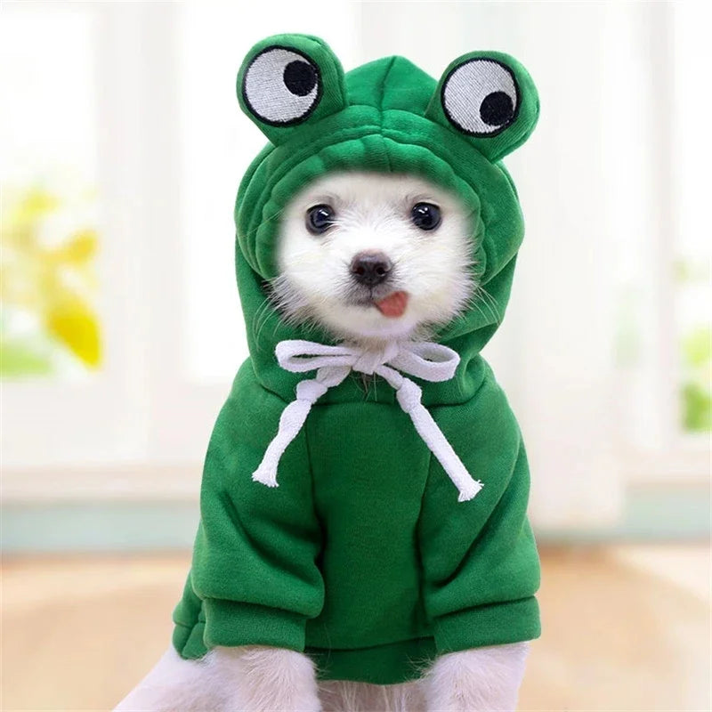 FanzyMarket fruit print fleece hoodie for small dogs, warm pet jacket with colorful fruit design for puppies and cats.