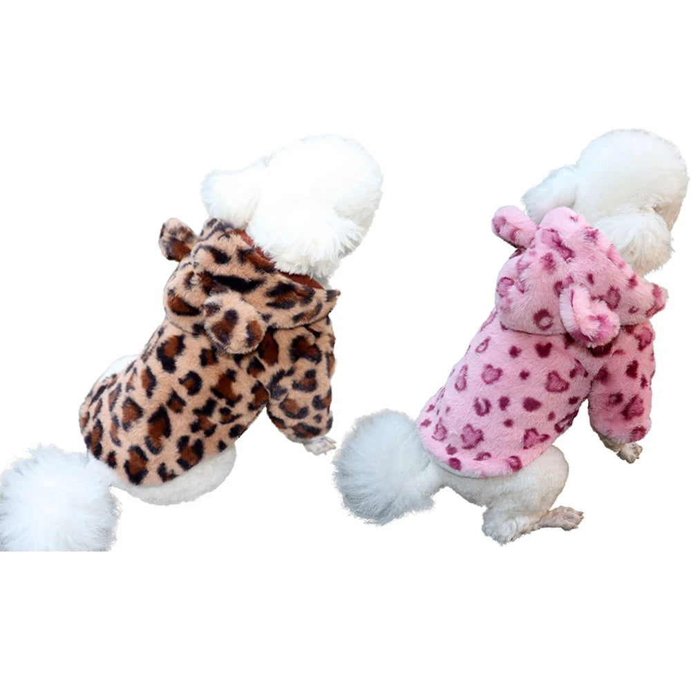FanzyMarket leopard fleece dog hoodie coat for small French Bulldogs and Chihuahuas, warm winter pet apparel, brown color.