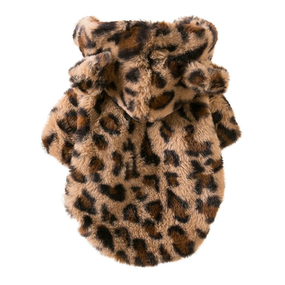 FanzyMarket leopard fleece dog hoodie coat for small dogs like French Bulldogs and Chihuahuas, warm winter pet apparel.