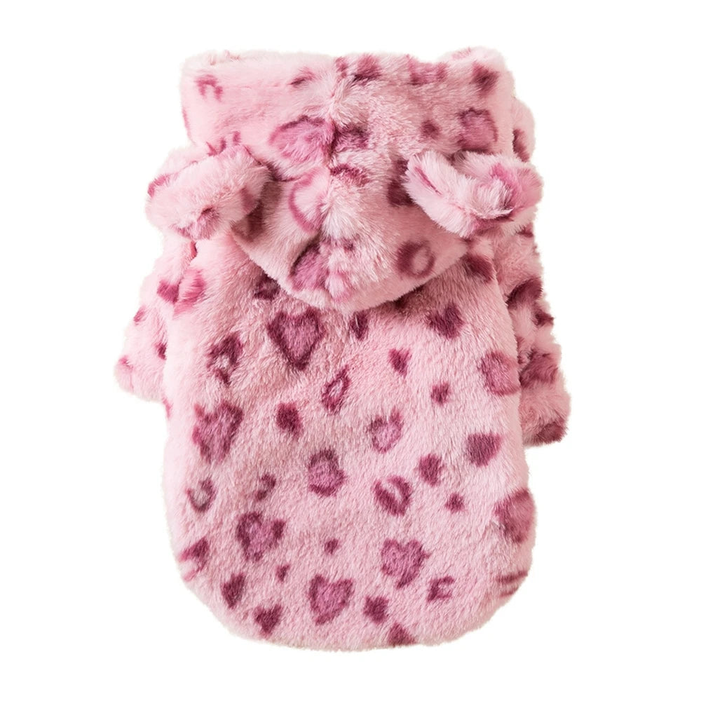 FanzyMarket leopard fleece dog hoodie coat for small dogs like French Bulldogs and Chihuahuas, warm winter pet apparel.