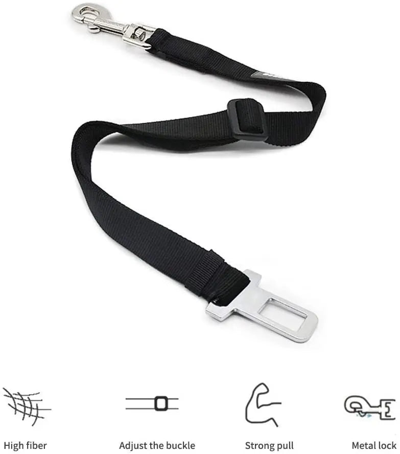 Adjustable FanzyMarket nylon pet seat belt for dogs and cats, 17.7-28.3 inches, with quick-release clip for car safety.