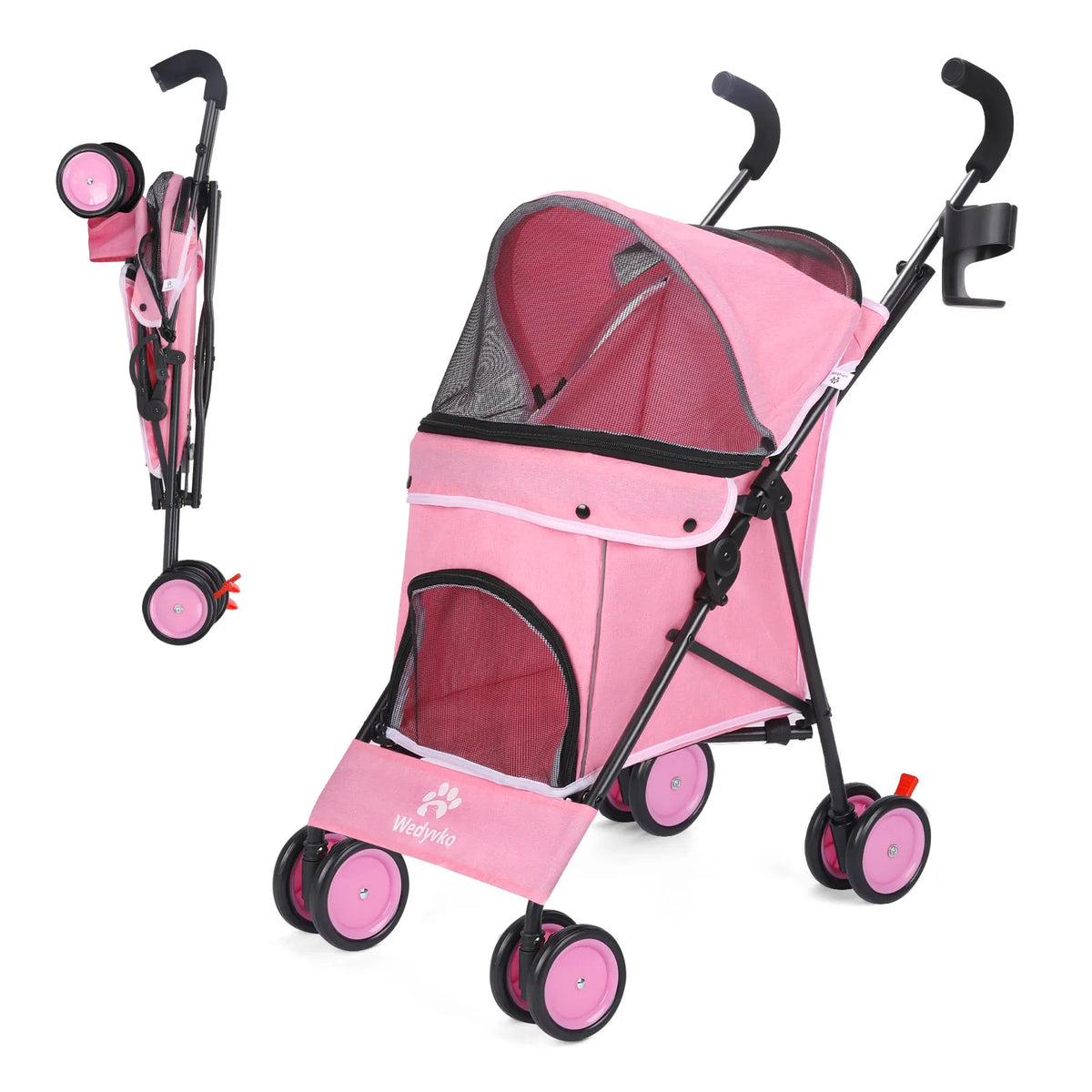 FanzyMarket 4-wheel pet stroller for dogs and cats with rotating front wheels, brakes, and storage for travel and outdoor use.