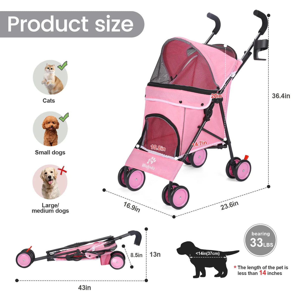 FanzyMarket 4-wheel pet stroller for dogs and cats with rotating front wheels, brakes, and storage for travel and outdoor use.