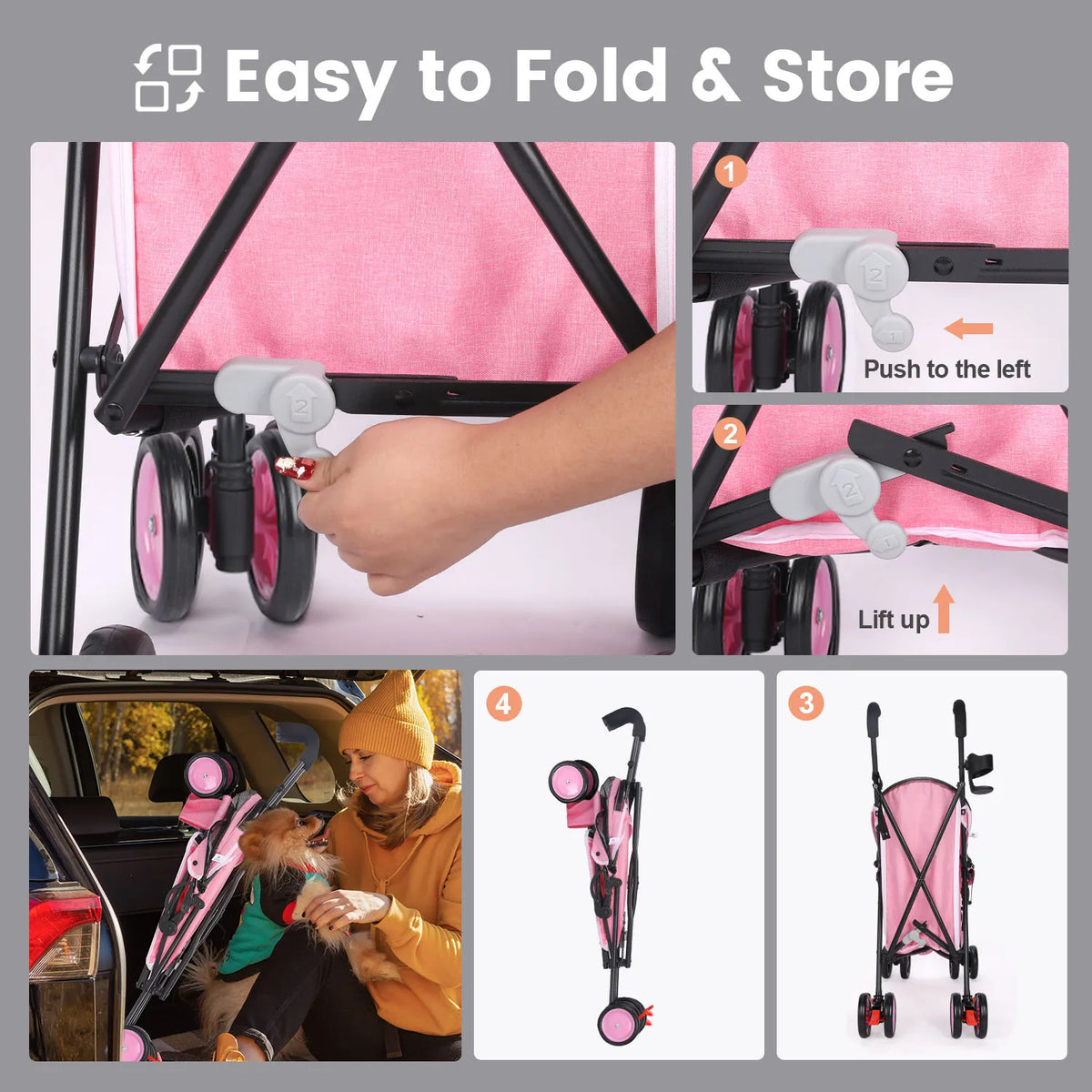 FanzyMarket 4-wheel pet stroller for dogs and cats with rotating front wheels, brakes, and storage for travel and outdoor use.
