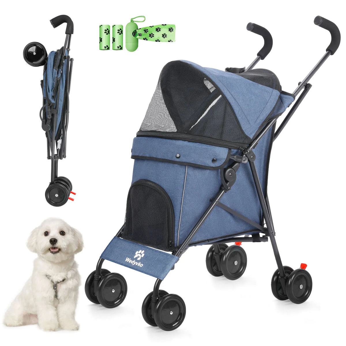 FanzyMarket 4-wheel pet stroller for dogs and cats with rotating front wheels, brakes, and storage for outdoor travel and outings.
